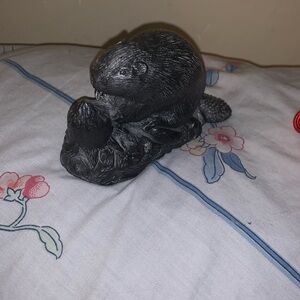 Wolf Original Carved Soapstone Beaver Figurine Handmade Black Sculpture Signed